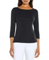 Three Dots Cotton V Neck Three Quarter Sleeve Tee In Black