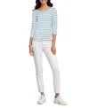 Three Dots Women's V-neck 3/4-sleeve T-shirt In Faded Denim Stripe