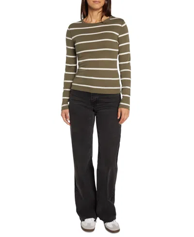 Three Dots Women's Long-sleeve Crewneck T-shirt In Olive Stri