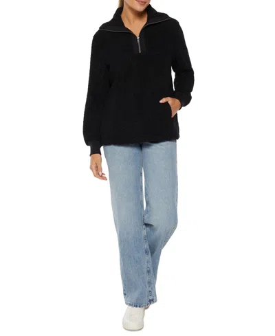 Three Dots Women's Mock-neck Fleece Half-zip Sweatshirt In Black
