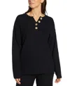 Three Dots Parma Henley Top Womens Ribbed Trim Knit Henley In Black