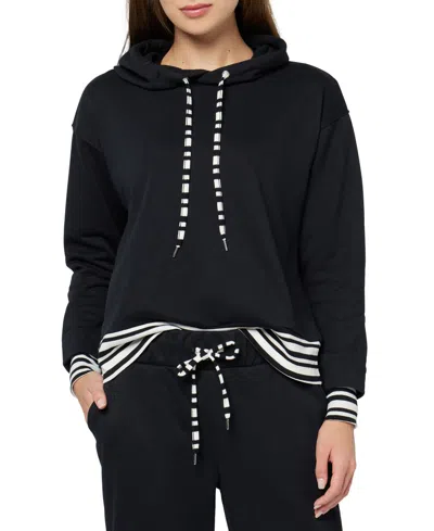 Three Dots Women's Striped Trim Pullover Hoodie In Black Beauty