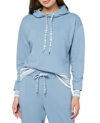 Three Dots Women's Striped Trim Pullover Hoodie In Faded Denim