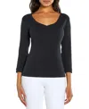 Three Dots Cotton V Neck Three Quarter Sleeve Tee In Black