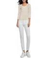Three Dots Women's V-neck 3/4-sleeve T-shirt In Light Taupe Stripe