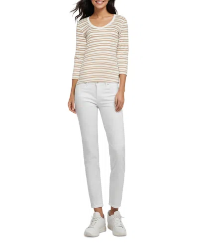Three Dots Women's V-neck 3/4-sleeve T-shirt In Light Taupe Stripe