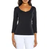 Three Dots Cotton V Neck Three Quarter Sleeve Tee In Black