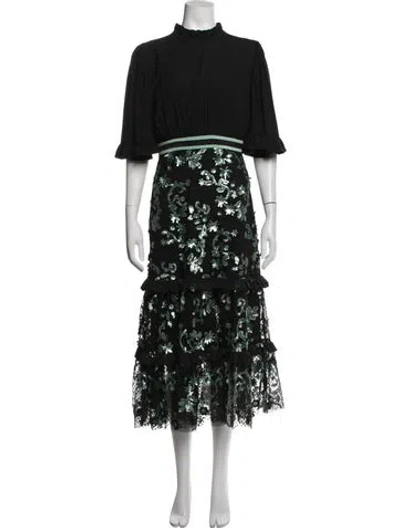Pre-owned Three Floor Floral Print Midi Length Dress In Black/green