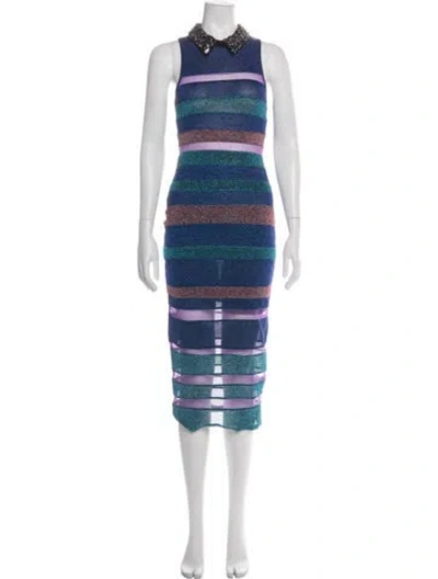 Pre-owned Three Floor Striped Midi Length Dress In Blue