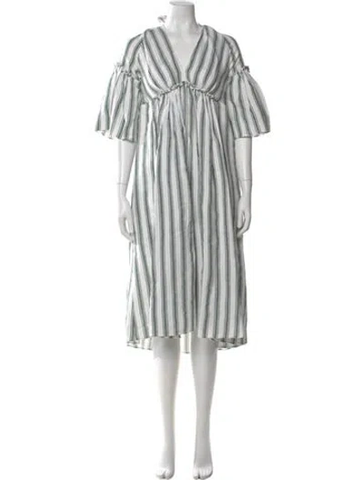 Pre-owned Three Graces London Linen Midi Length Dress In White