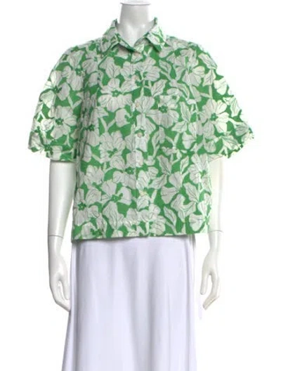 Pre-owned Three Graces London Three Graces Floral Print Short Sleeve Button-up Top In Green