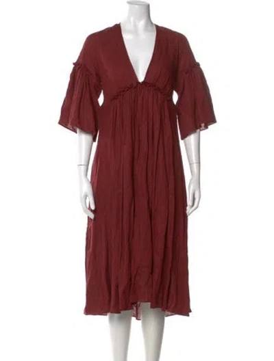 Pre-owned Three Graces London Three Graces Linen Midi Length Dress In Burgundy