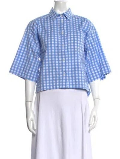 Pre-owned Three Graces London Three Graces Plaid Print Three-quarter Sleeve Top In Blue/white