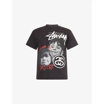 Thrifty Towel Mens Black Pre-loved Stüssy Living In Full Graphic-print Cotton T-shirt