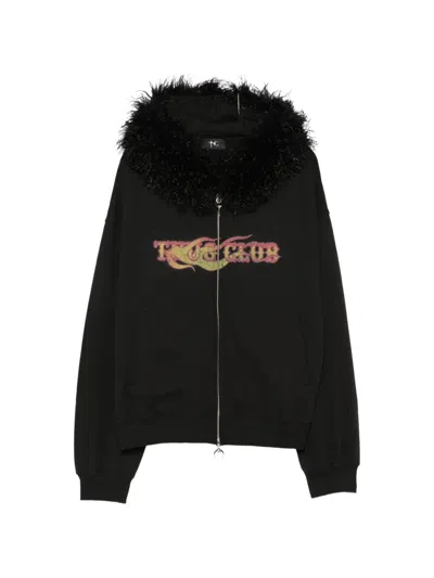 Thug Club Faux-fur Trim Graphic-print Hoodie In Black