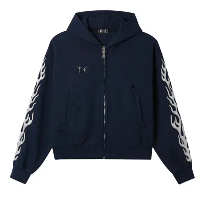 Pre-owned Thug Club Leather Flame Zip Up Hoodie 'navy' | Blue | Men's Size 3