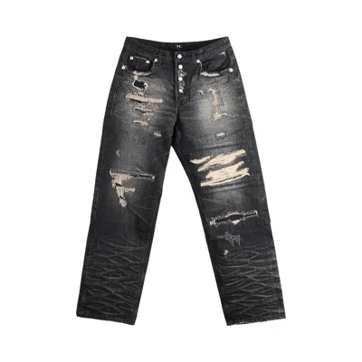 Pre-owned Thug Club Skull Stitch Ripped Denim Pants 'black' | Men's Size 2