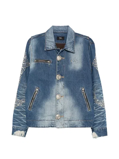 Thug Club Studded Faded Denim Jacket In Blue