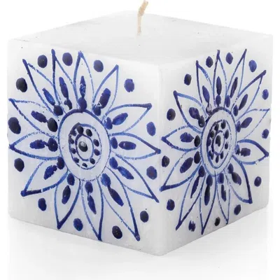 Thumbprint Artifacts Henna Blue On White Painted Cube Candle