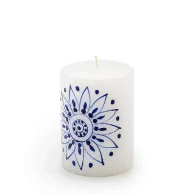 Thumbprint Artifacts Henna Blue On White Painted Pillar Candle