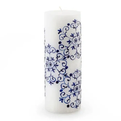 Thumbprint Artifacts Henna Blue On White Painted Pillar Candle