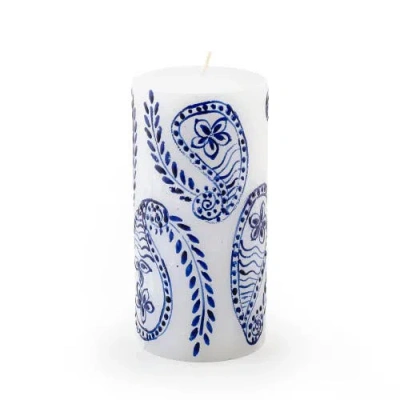 Thumbprint Artifacts Henna Blue On White Painted Pillar Candle