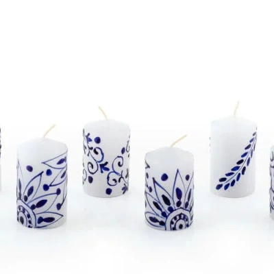 Thumbprint Artifacts Henna Blue On White Painted Voltive Candles