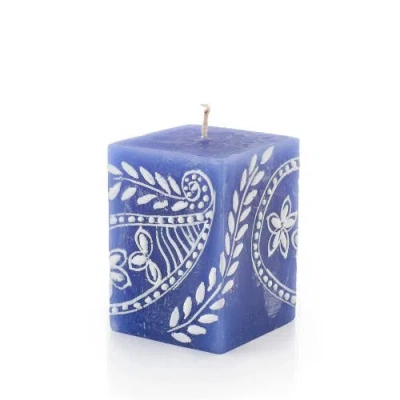 Thumbprint Artifacts Henna White On Blue Painted Cube Candle