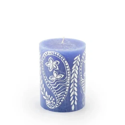 Thumbprint Artifacts Henna White On Blue Painted Pillar Candle