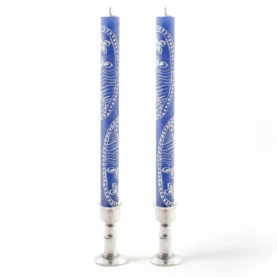 Thumbprint Artifacts Henna White On Blue Painted Pillar Candle