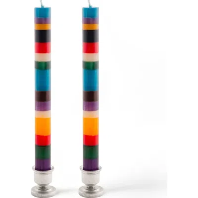 Thumbprint Artifacts Memphis Stripe Painted Taper Candles In Multi