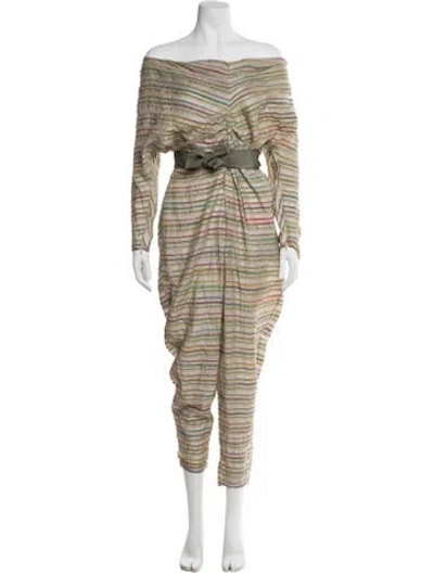 Pre-owned Tia Cibani Striped Off-the-shoulder Jumpsuit In Green