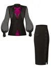 Tia Dorraine Black Femme Fatale Tailored Blazer With Organza Sleeves & Skirt Set