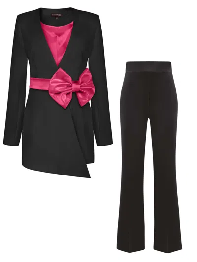 Tia Dorraine Black Pearl Power Suit With Pink Satin Bow Belt