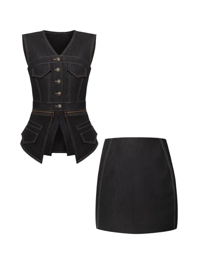 Tia Dorraine Black Sleeveless Denim Top Vest & Skirt Set In Multi
