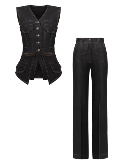 Tia Dorraine Black Sleeveless Denim Top Vest & Trousers Set