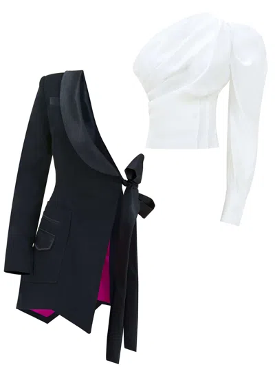 Tia Dorraine Black / White Double Identity Asymmetric Blazer & Shirt Set In Black/white