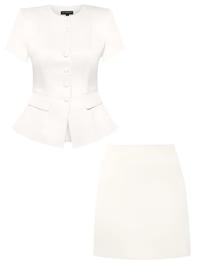 Tia Dorraine Button Up Short Sleeves Blazer & Mini Skirt Set - Pearl White