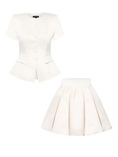 Tia Dorraine Button Up Short Sleeves Blazer & Skirt Set - Pearl White