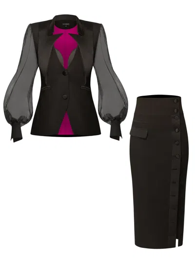 Tia Dorraine Femme Fatale Tailored Blazer With Organza Sleeves & Skirt Set - Black