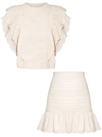 Tia Dorraine Neutrals Ruffled Open Back Top & Ruched Mini Skirt Set In Sand