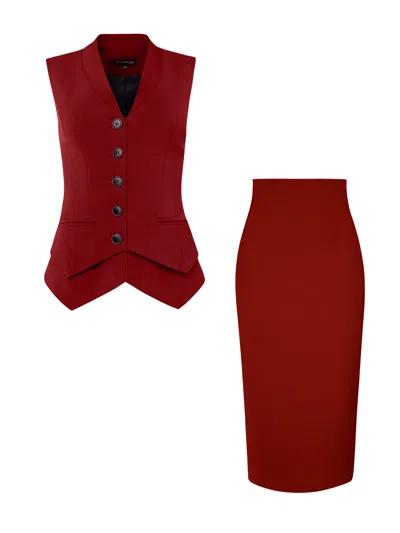 Tia Dorraine Red Fitted Waistcoat & Skirt Set Burgundy