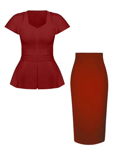 Tia Dorraine Red Short-sleeved Fitted Top & Skirt Set, Burgundy