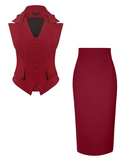 Tia Dorraine Red Single-breasted Waistcoat & Skirt Set - Burgundy