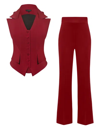 Tia Dorraine Red Single-breasted Waistcoat & Trousers Set - Burgundy