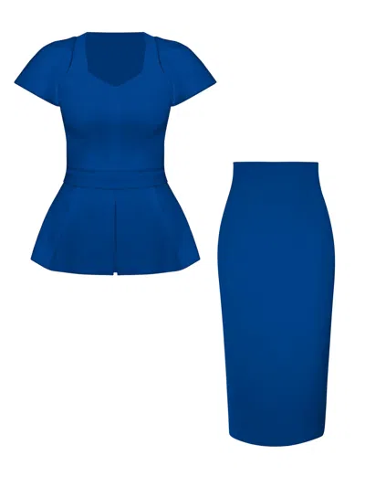 Tia Dorraine Short-sleeved Fitted Top & Skirt Set - Azure Blue
