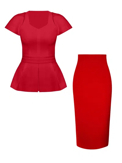 Tia Dorraine Short-sleeved Fitted Top & Skirt Set - Fierce Red