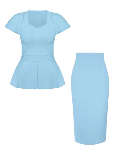 Tia Dorraine Short-sleeved Fitted Top & Skirt Set - Light Blue