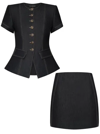 Tia Dorraine Short Sleeves Denim Blazer & Skirt Set - Black