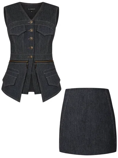 Tia Dorraine Sleeveless Denim Top Vest & Skirt Set - Pinstripe Blue